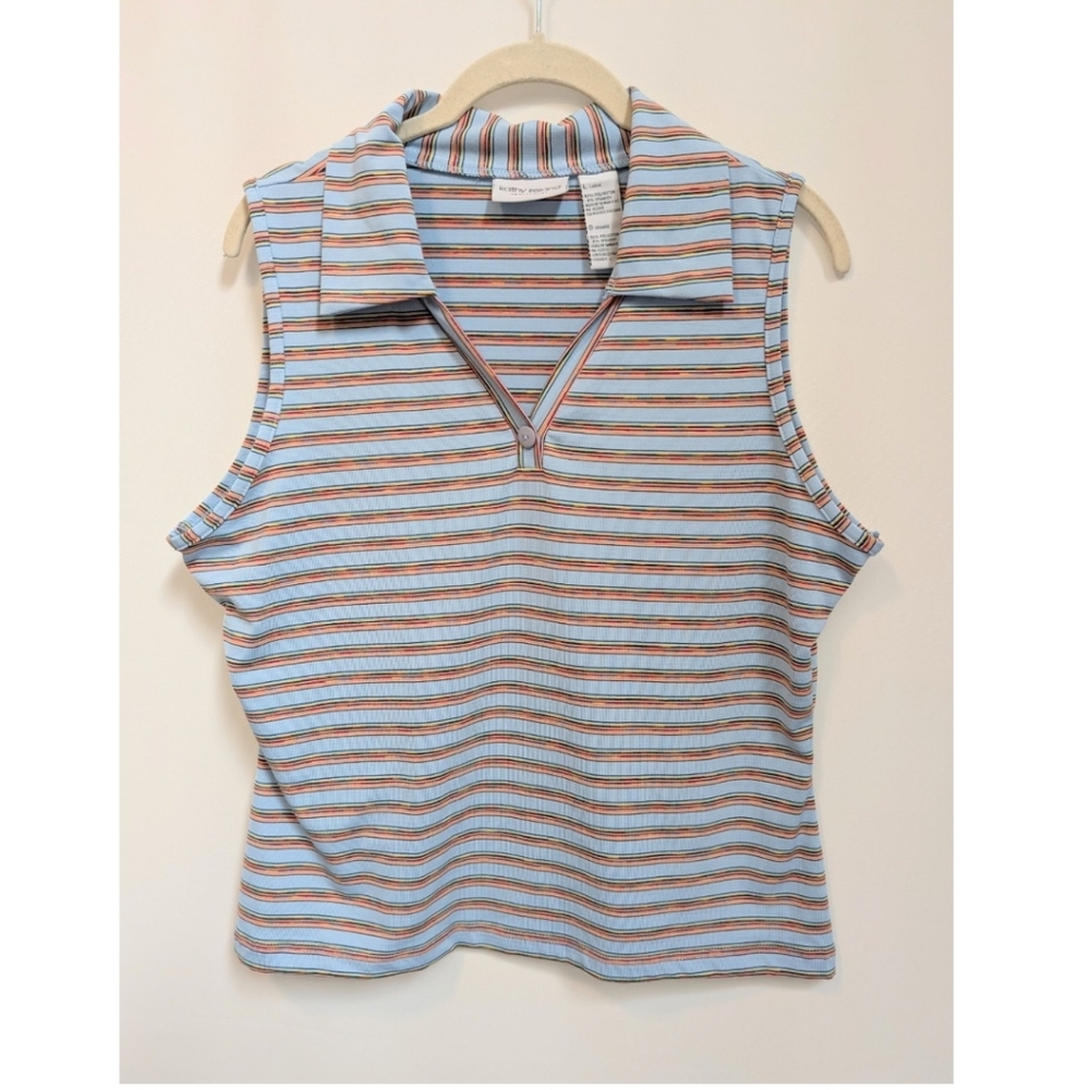 VTG Kathy Ireland Light Blue Rainbow Stripe Collared Preppy Polo Tank Size Large
